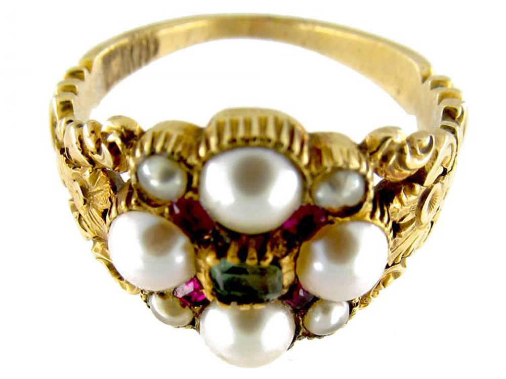 Georgian jewelry. Emerald, Pearl & Ruby Cluster Ring