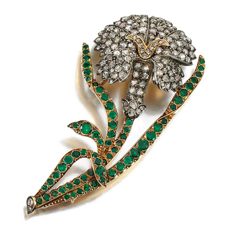 Georgian jewelry. Diamond & Emerald Flower Brooch