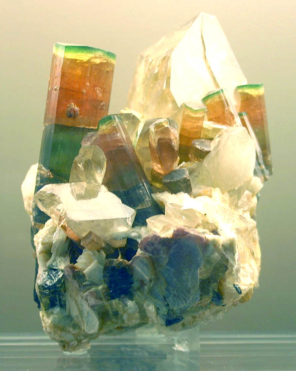 Tri-color elbaite crystals on quartz, Himalaya Mine, San Diego Co., California, USA