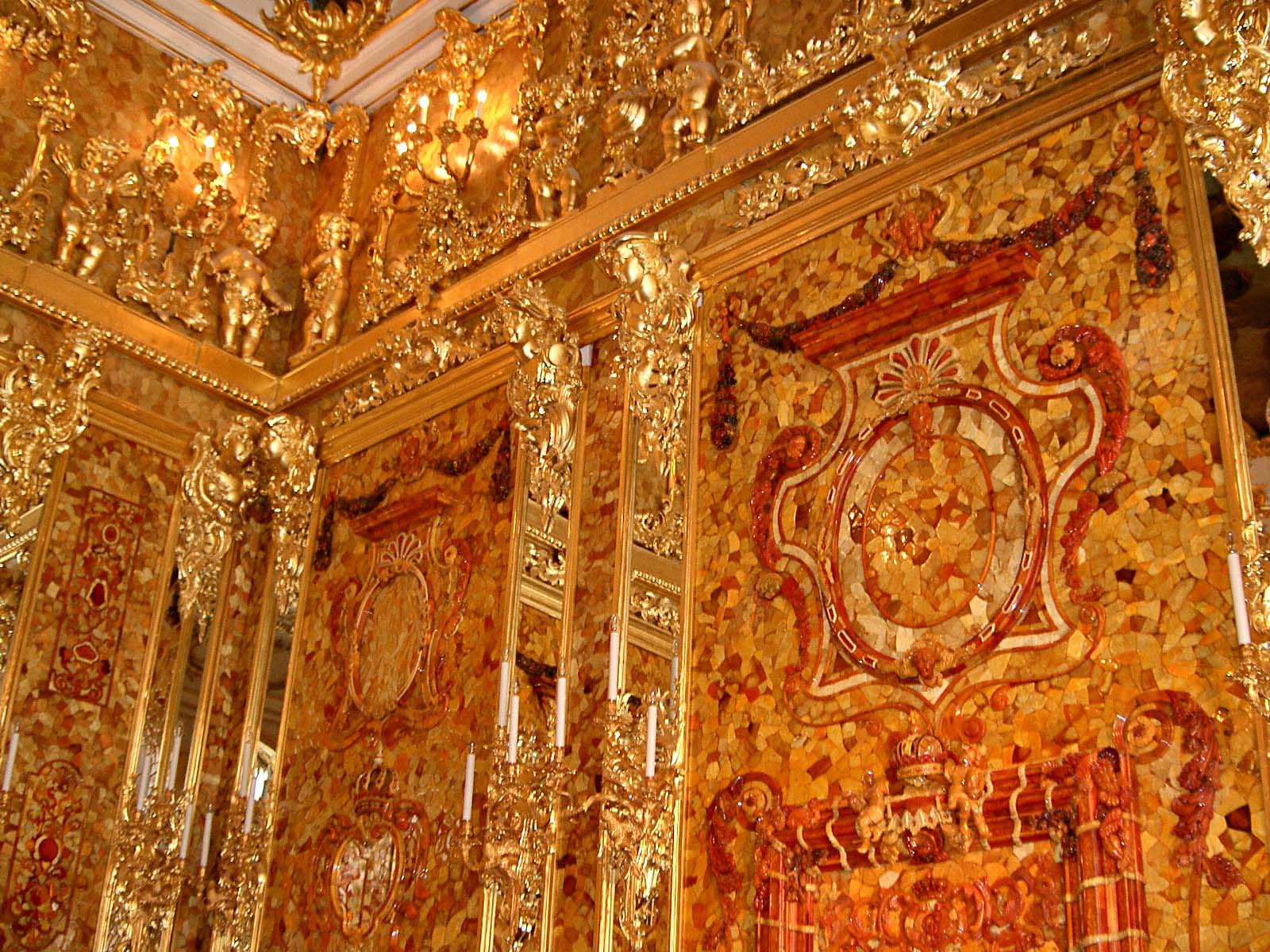 The Amber Room in the Catherine Palace in Pushkin, Russia, reconstructed from the Kaliningrad amber