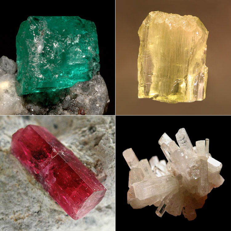 Four varieties of beryl: emerald, golden beryl, red beryl and goshenite