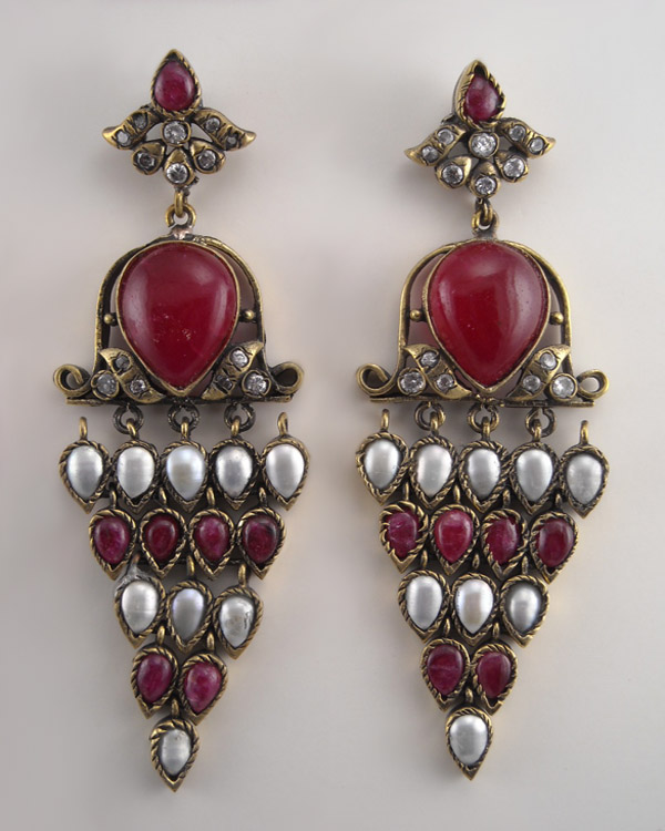 Victorian jewelry earrings made with cubic zirconia, ruby and pearls