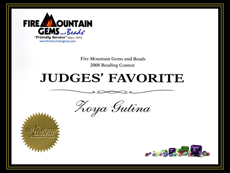 Fire Mountain Gems and Beads 2008 Beading Contest: Judge's Favorite Award Certificate