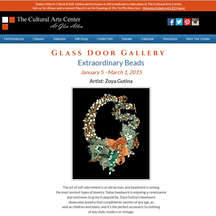 Zoya Gutina. Extraordinary Beads Solo Exhibition in Glen Allen