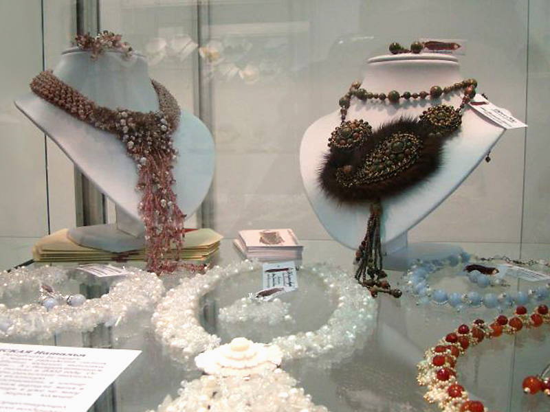 Bead embroidered jewelry exhibited
